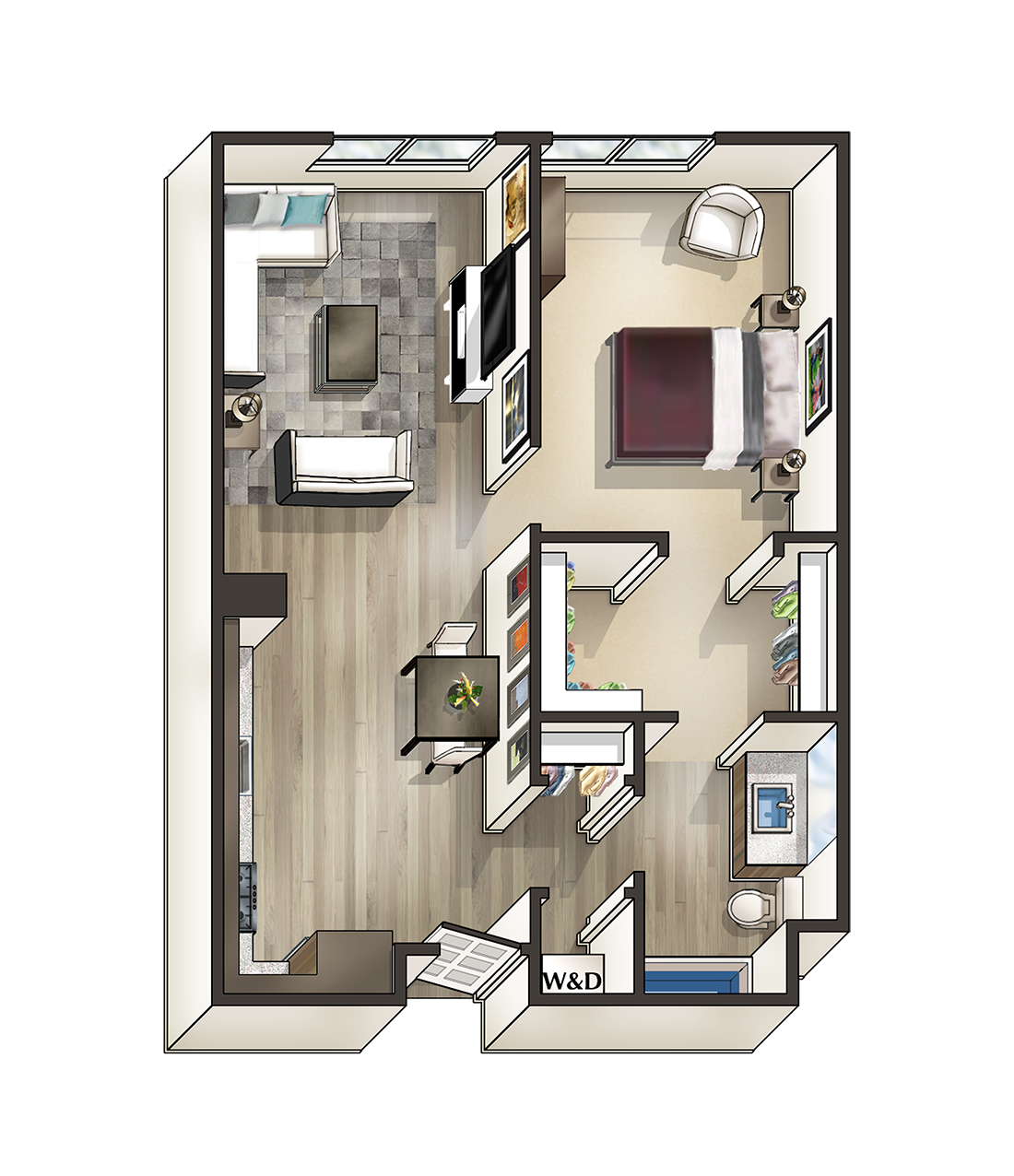 Floor plan for 1 bed, 1 bath, 747 sqft